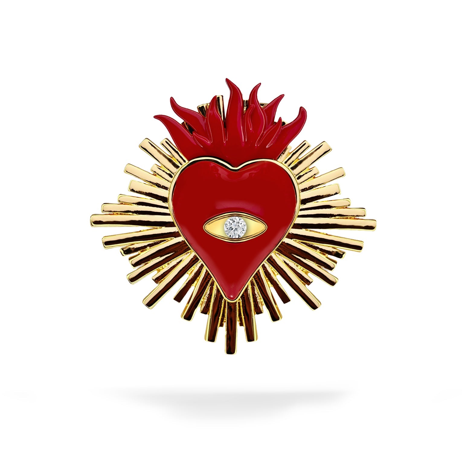 Bvona Fortvna's red and gold brass interchangable charm in the shape of a flaming heart with a gold finish, featuring a central clear crystal eye, meant for use with a clasp closure