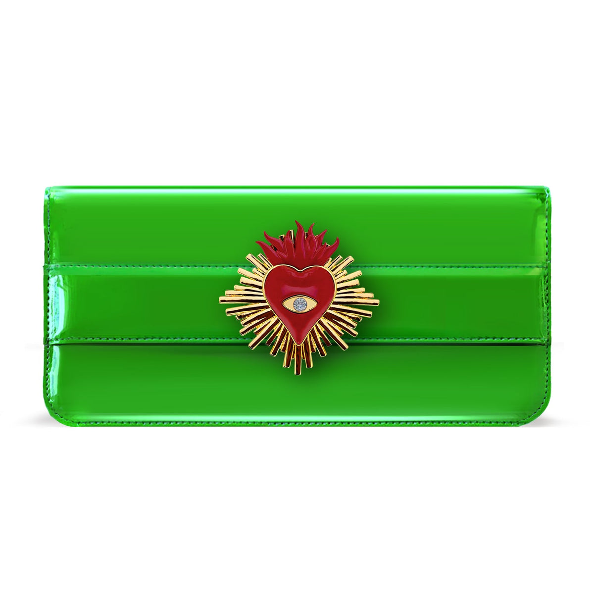 Bvona Fortvna's light green vegan leather clutch handbag with a solid pattern, featuring a front flap with a magnetic snap closure and a gold-tone interchangeable sacro cuore heart charm