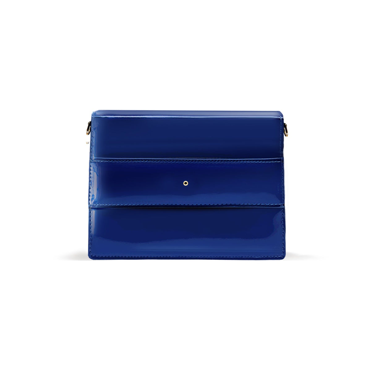 Bvona Fortvna glossy blue Italian leather handbag with a structured rectangular shape, flap front, and gold-tone hardware, shown against a white background