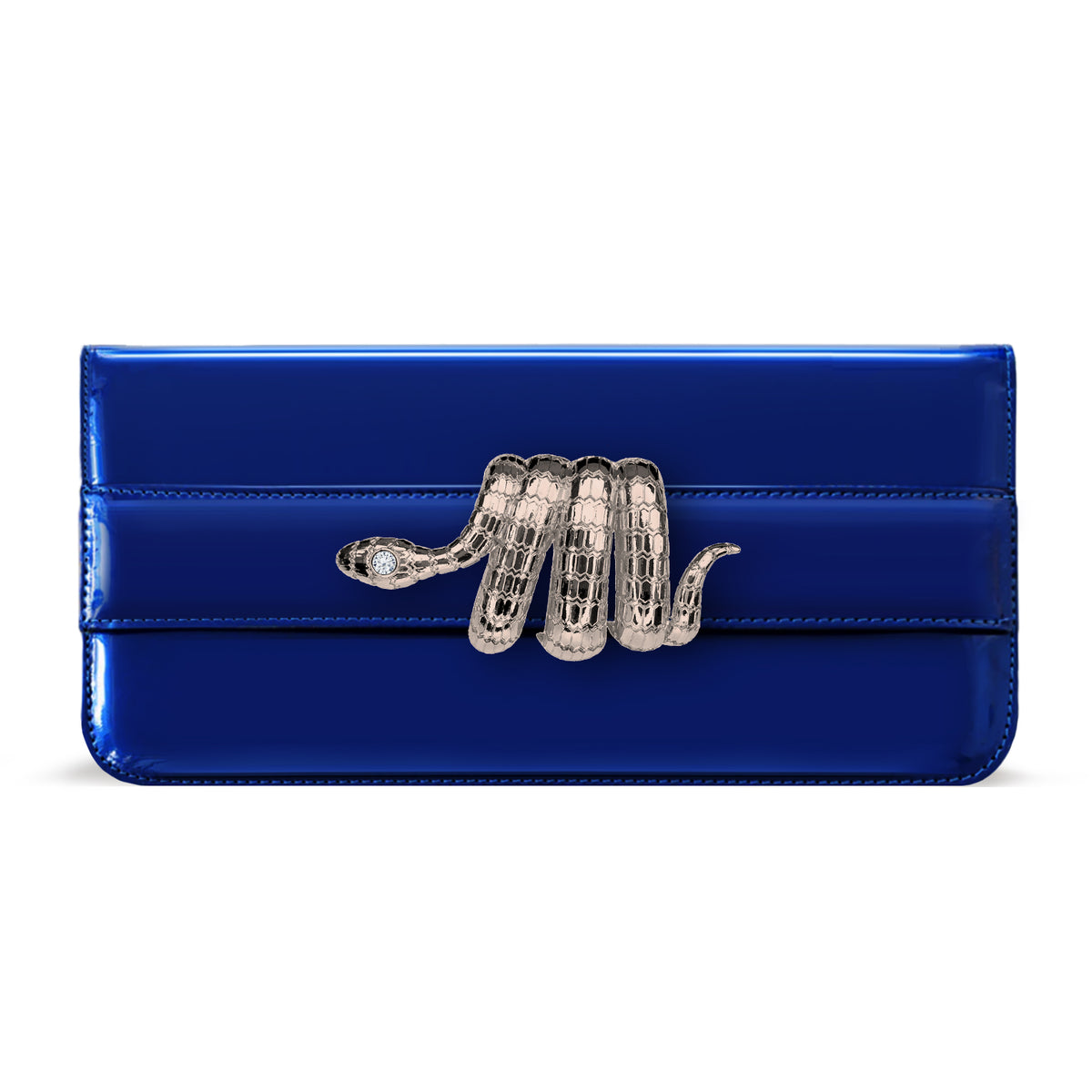 A azzurri blue Italian vegan leather handbag with a silver-plated snake charm on the front. Il Lungo Blue con Il Serpente Argento