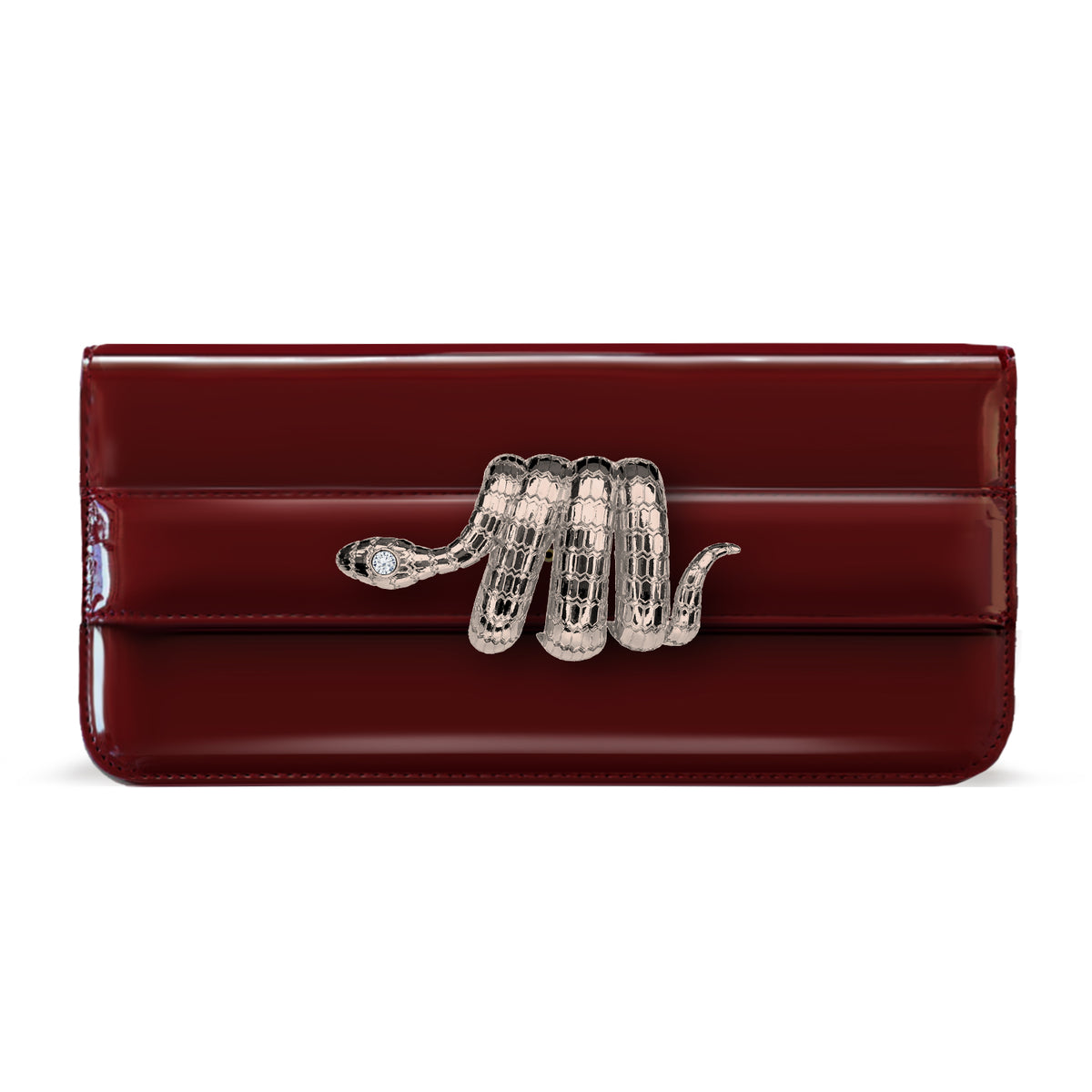 A burgundy Italian vegan leather handbag with a silver-plated snake charm on the front. Il Lungo Barolo con Il Serpente Argento