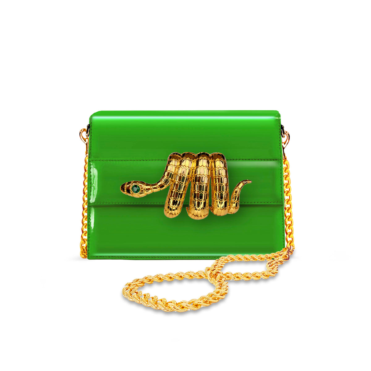A Luxury Vegan Leather green handbag with a gold-plated brass snake charm and a removable gold chain.