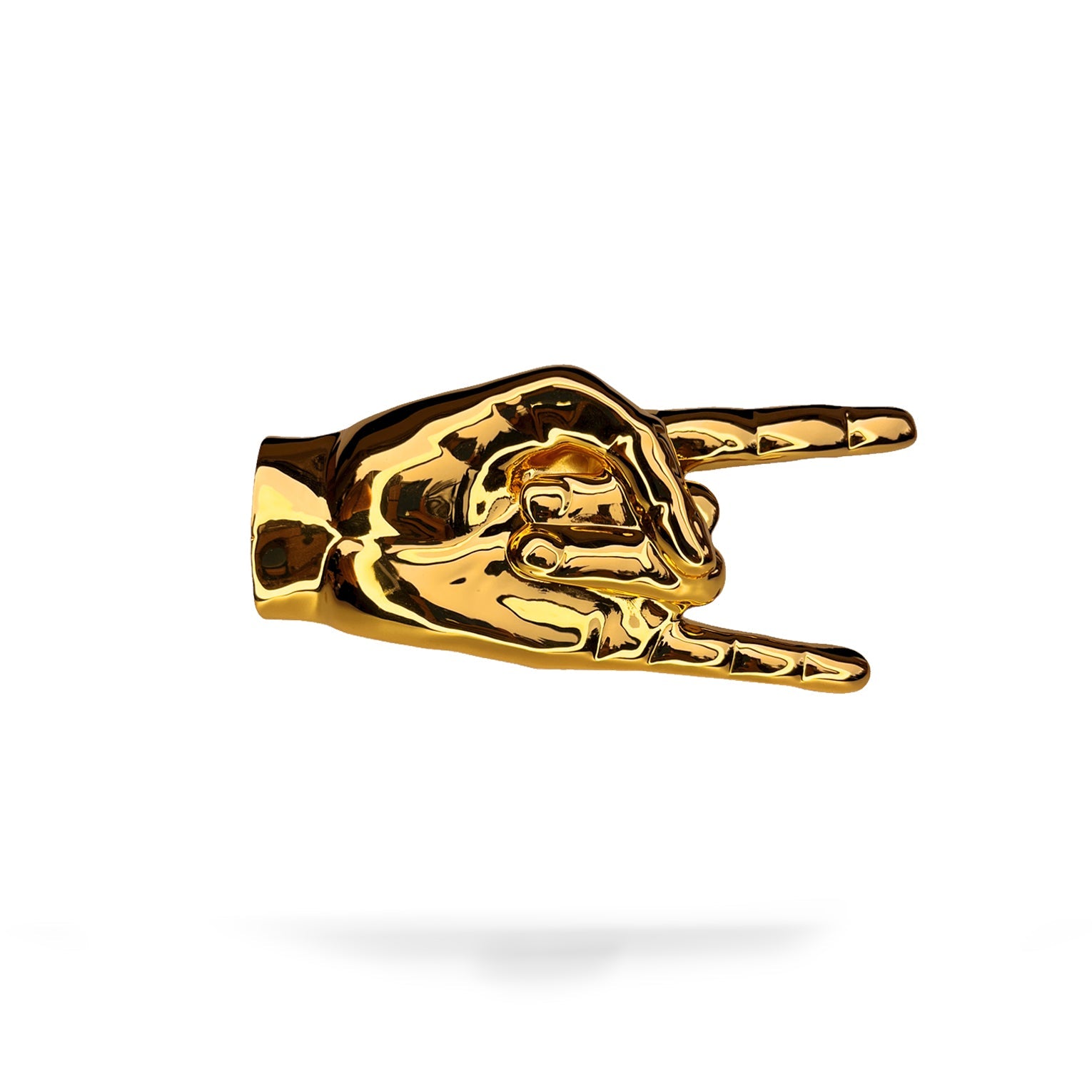 Bvona Fortvna gold-toned charm shaped like a hand making the ‘rock on’ gesture, with index and pinky fingers extended, on a white background