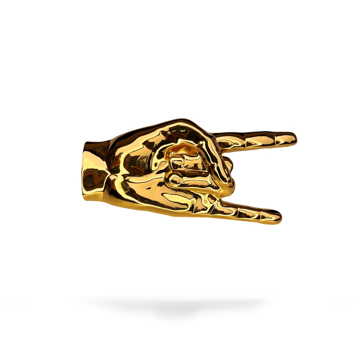 Bvona Fortvna gold-toned charm shaped like a hand making the ‘rock on’ gesture, with index and pinky fingers extended, on a white background